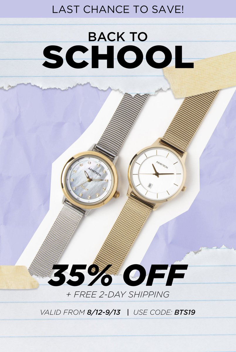 ArmitronWatches's tweet photo. Only a few hours left to save during our Back to School Sale. Receive 35% off plus Free 2-Day Shipping with code BTS19. Act now before the bell rings on this sale! #armitron #onewatchmanyfaces #sale https://t.co/Wx9GHlkX4s