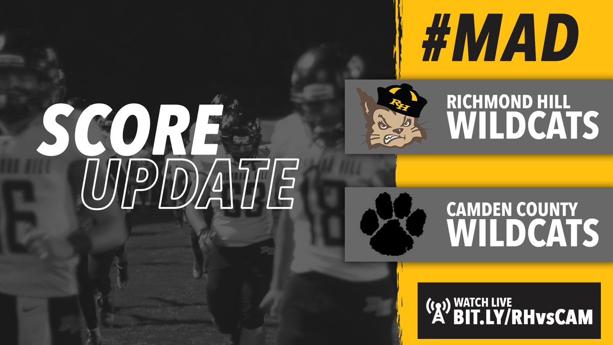 SCORE UPDATE: The Wildcats are up against the Camden County Wildcats 13-7 at the end of the first quarter. 
Tune in here on Twitter or bit.ly/RHvsCAM
#RHHSLIVE