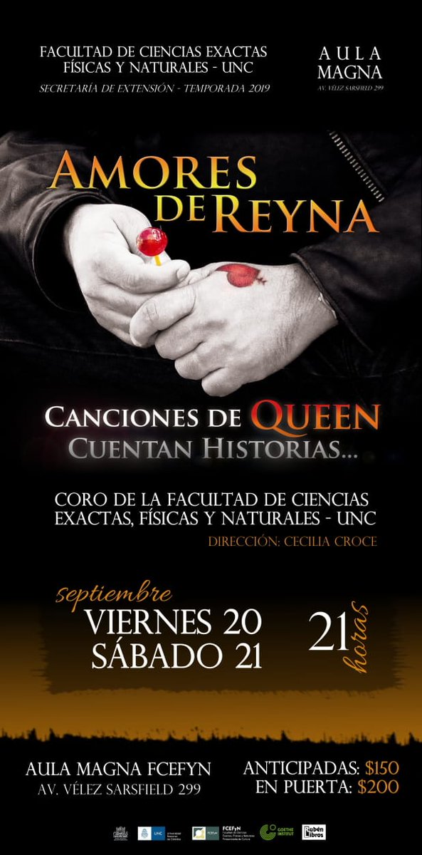 "𝘼𝙈𝙊𝙍𝙀𝙎 𝘿𝙀 𝙍𝙀𝙔𝙉𝘼" - Canciones de QUEEN que cuentan historias

Viernes 20 y sábado 21 de septiembre - 21 hs
Aula Magna FCEFyN

ENTRADAS:
Anticipadas: $150 Rubén Libros (Dean Funes 163 local 1)
En puerta: $200 (Promo para estudiantes y jubilados: $150)

¡Los esperamos!
