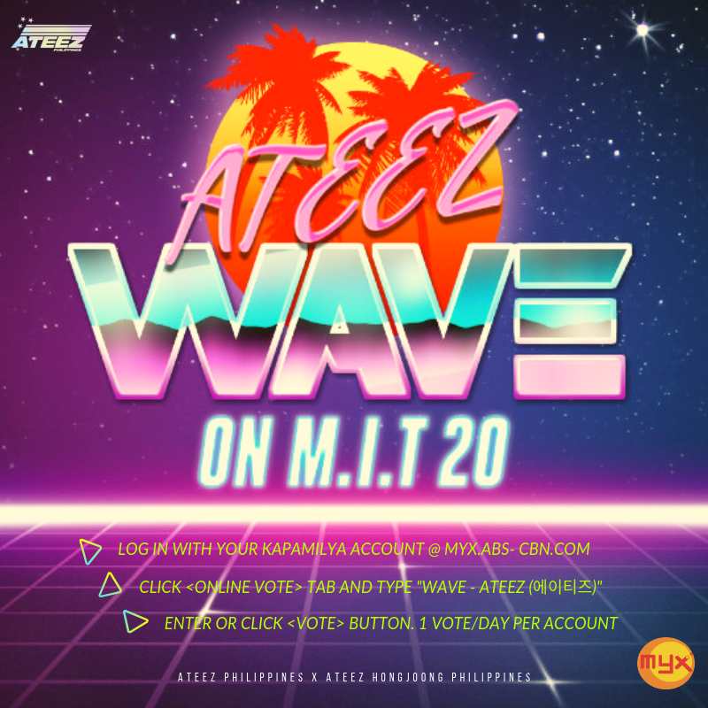 HongjoongPH's tweet photo. [PROMOTION]

ATEEZ WAVE 🌊 for MYX International Top 20 (M.I.T 20)

TUTORIAL 🔗 https://t.co/8Mi74BVdHm

📢 Sign Up thru:
(a) FB
(b) Email address
(c) Mobile number

Already have Kapamilya accounts?
VOTE @ https://t.co/jYFGbWcaPq

#ATEEZ #에이티즈 #One_To_All #WAVE #MYX #MIT20 https://t.co/bEGOH6aVIN