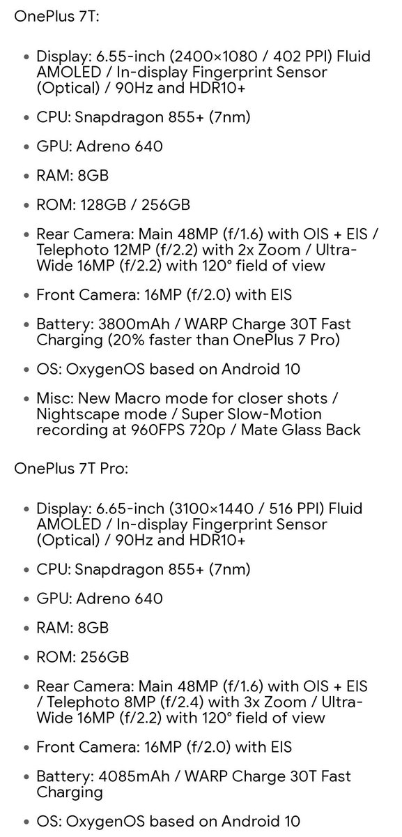 Complete specs of #OnePlus7T & #OnePlus7TPro
#OnePlus7Series #OxygenOS