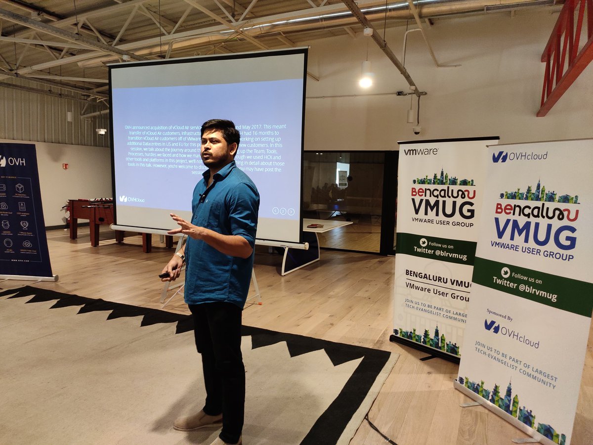 blrvmug's tweet photo. OVH story of migrating petabytes of data from 14 datacenters of vcloud air to @OVH datacenters. Phaniraj enlighting the @blrvmug members about the end to end process of it. https://t.co/XXlS30pY4q