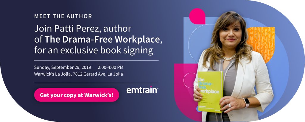 BassKarma's tweet photo. Book signing! Drama-Free Workplace by Patti Perez. Come out on Sunday Sept 29 from 2-4 pm at Warwick’s La Jolla. #dramafreeworkplace https://t.co/r7hB78n0HL