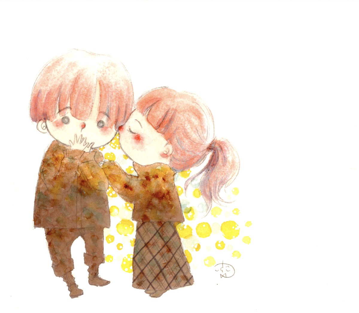 こたつ ちゅっ へた絵 仲良し カップル ラブラブ 女の子 男の子 幸せ 笑顔 水彩画 デジタル加工 イラスト オリジナルイラスト 絵 Boy Girl Ilustration Art Happy Smile Love Original Originalillustration 愛 T Co