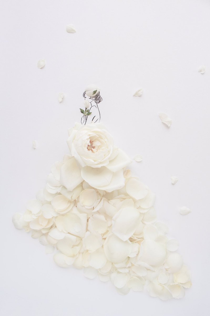 はな言葉 新刊出ました 白い薔薇のドレス 白いバラの清純さ 花びらのしっとり感 ふんわりとした優しいボリュームのあるドレスになりました 舞い散る花びらのベールもお気に入り 花言葉ドレス Flowery Fields