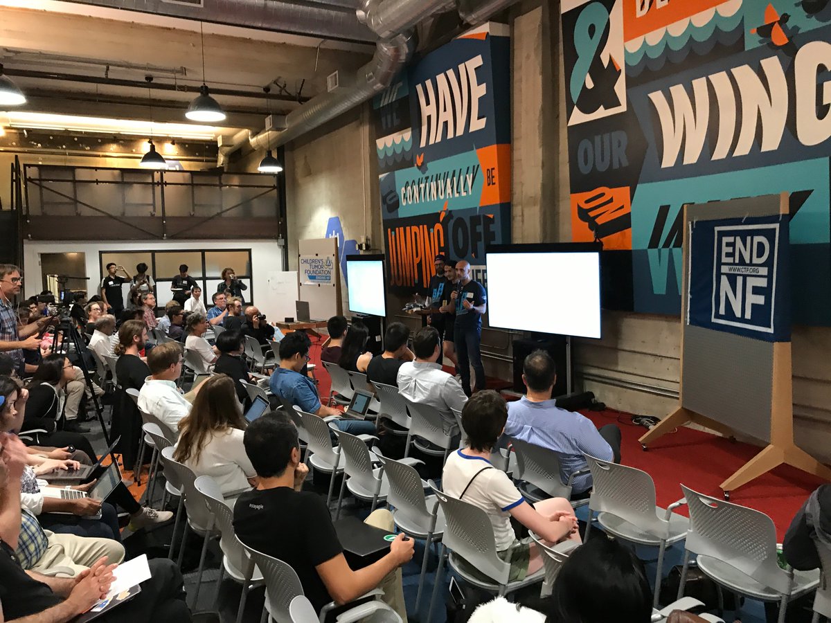 ChildrensTumor's tweet photo. And the NF Hackathon is under way at @googledevs launchpad space in San Fran! We've fed everyone pizza, now they're downloading about NF from the rock star NF experts, and then they'll spend the next 3 days hacking data in order to help us #EndNF #HackNF2019 https://t.co/XgPWo7oliZ