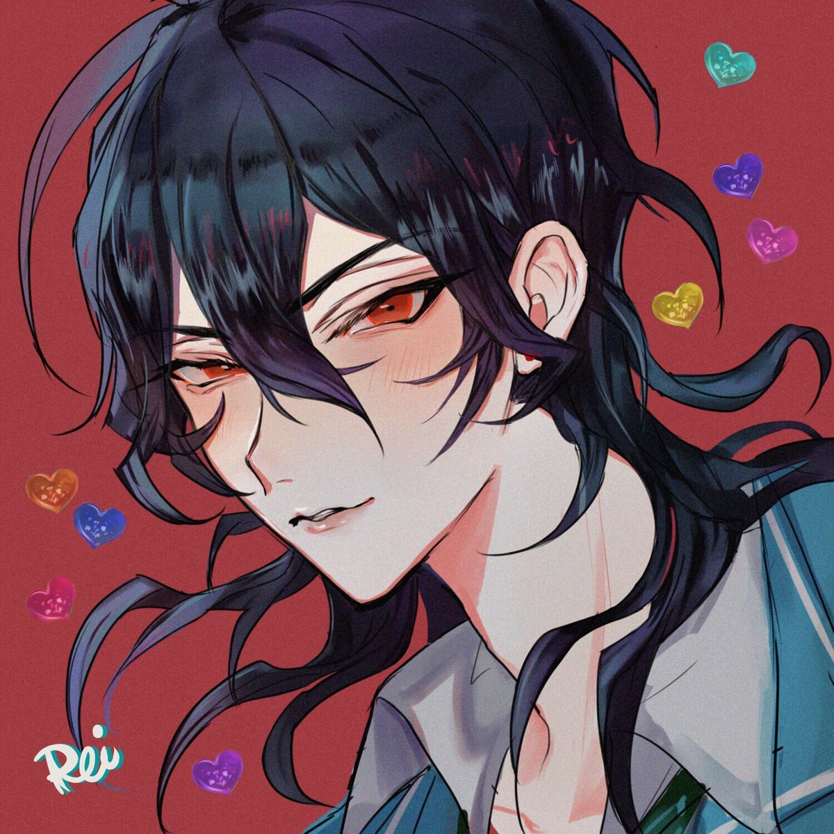 1boy male focus solo black hair red eyes heart red background  illustration images