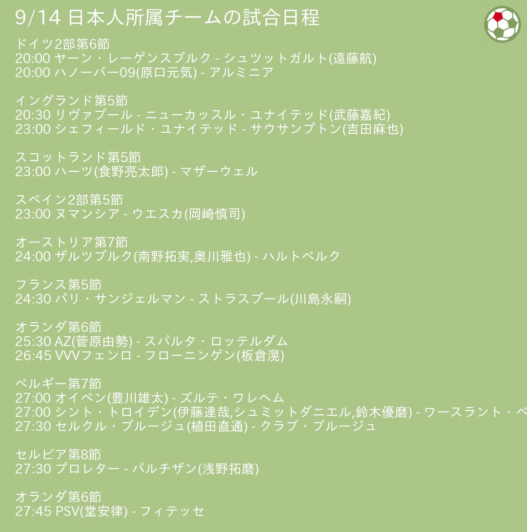 Jpfoot 欧州リーグ日本人スケジュール 本日 9 14 の試合日程 遠藤航 原口元気 武藤嘉紀 吉田麻也 食野亮太郎 岡崎慎司 南野拓実 奥川雅也 川島永嗣 菅原由勢 板倉滉 豊川雄太 伊藤達哉 シュミットダニエル 鈴木優磨 小林祐希 植田直通 浅野拓磨 堂安律 Jpfoot 欧州リーグ日本人スケジュール 本日 9 14 の試合日程 遠藤航 原口元気 武藤嘉紀 吉田麻也 食野亮太郎 岡崎慎司 南野拓実 奥川雅也 川島永嗣 菅原由勢 板倉滉 豊川雄太 伊藤達哉 シュミットダニエル 鈴木優磨 小林祐希 植田直通 浅野拓磨 堂安律