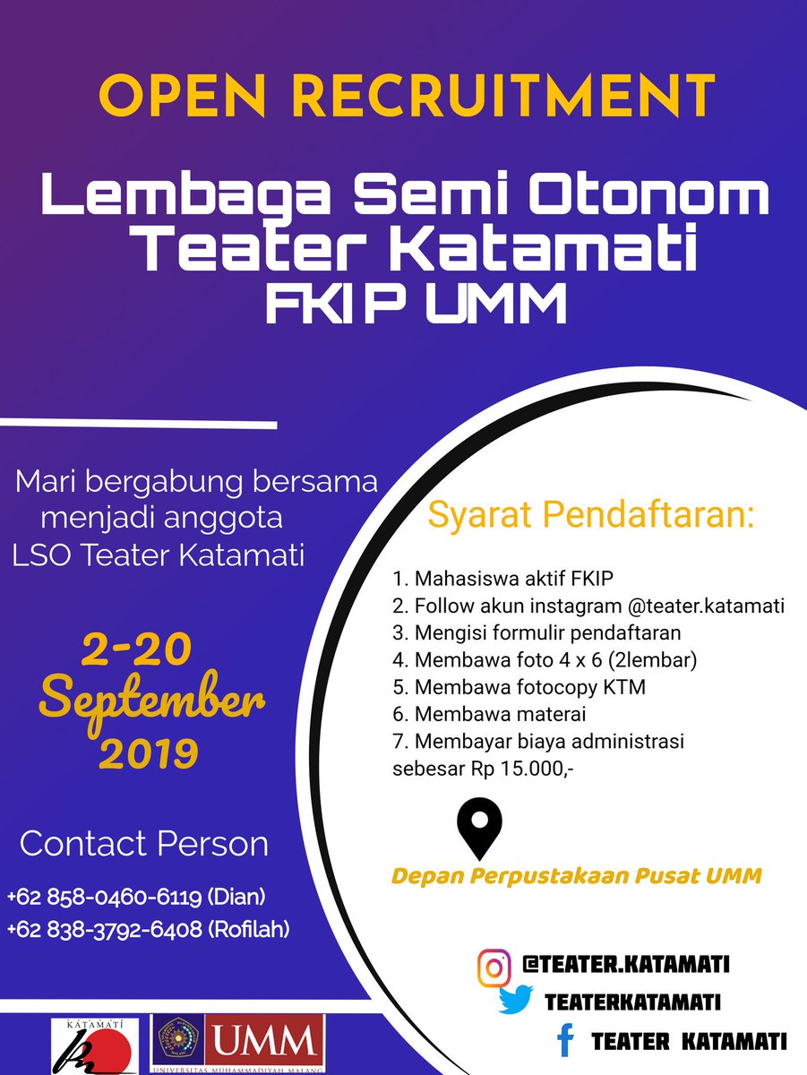 Open Recruitment LSO Teater Katamati diperpanjang sampai tanggal 20 September 2019.
Buat kalian warga FKIP yang ingin tahu info lebih lanjut bisa langsung datang ke stand LSO Teater Katamati di depan perpustakaan pusat UMM.
#teaterUMM