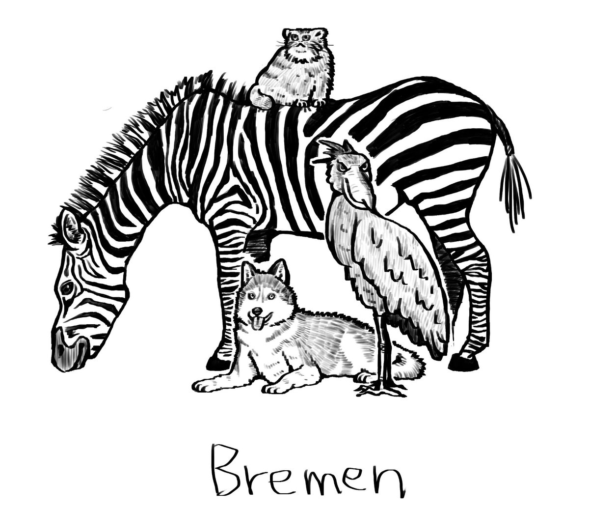 前々からやりたかった、ブレーメンの音楽隊の好きな動物バージョン落書き。描くの難しかったので部分的に写真をトレースしてます。。。 
