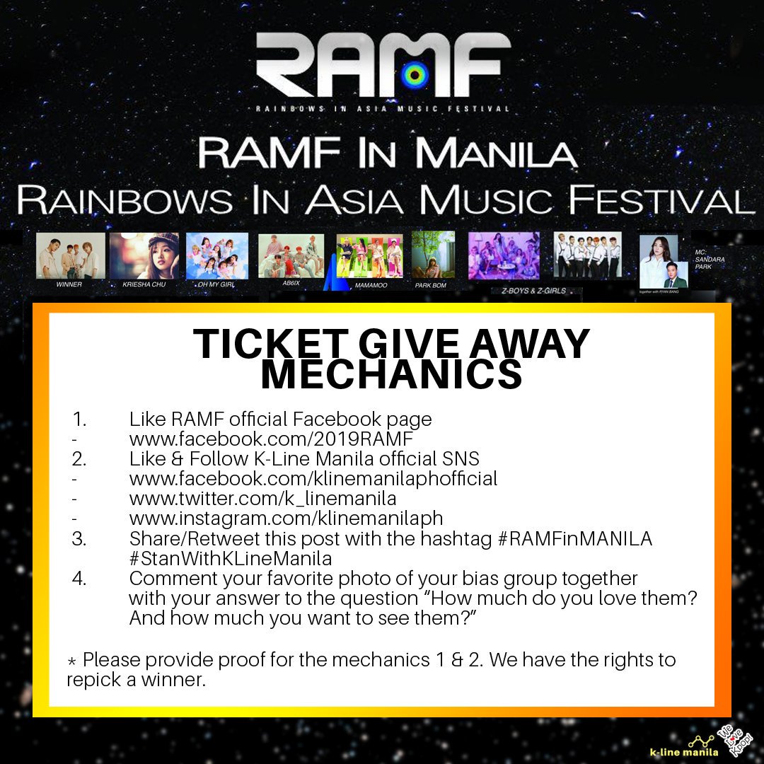 klinenewsph's tweet photo. [#RAMFinMANILA] TICKET GIVEAWAY

We're giving away (10) tickets for #RAMF2019KpopConcert! Just follow the mechanics below and read the T&amp;C 👉 https://t.co/XwvadGrenx

#2019kpopsuperconcertmanila  by TV CHOSUN | @cathy_vi @sugicabalu1 

#STANWithKLineManila 
* Mention your friends https://t.co/n6Elk5OZ2m