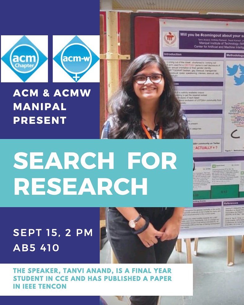 acmw_manipal's tweet image. Join ACM and ACM-W tomorrow, 15th September 2019 at AB5 410 at 2pm to know all about research, different kinds of papers, FIVE ways that you can pursue research and a lot more! #acmw #womenincomputing #acm #women #tech #events
Register here - urlzs.com/WWLUn