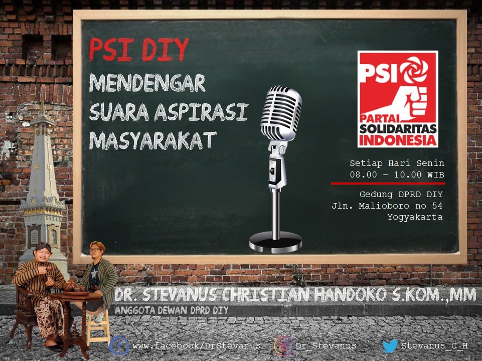 Stevanus_C_H's tweet photo. PSI DIY
Mendengar Aspirasi Masyarakat.

Anggota Dewan PSI, membuka ruang bagi masyarakat untuk menyampaikan Aspirasinya.
Setiap hari Senin 
Pukul 08.00 - 10.00 WIB
di Gedung DPRD DIY
Jln. Malioboro no 54 Yogyakarta

#AkuPSI
#PSIMendengar
#DPRD_DIY
#Jogja #JogjaIstimewa https://t.co/WVlMxoYtpL