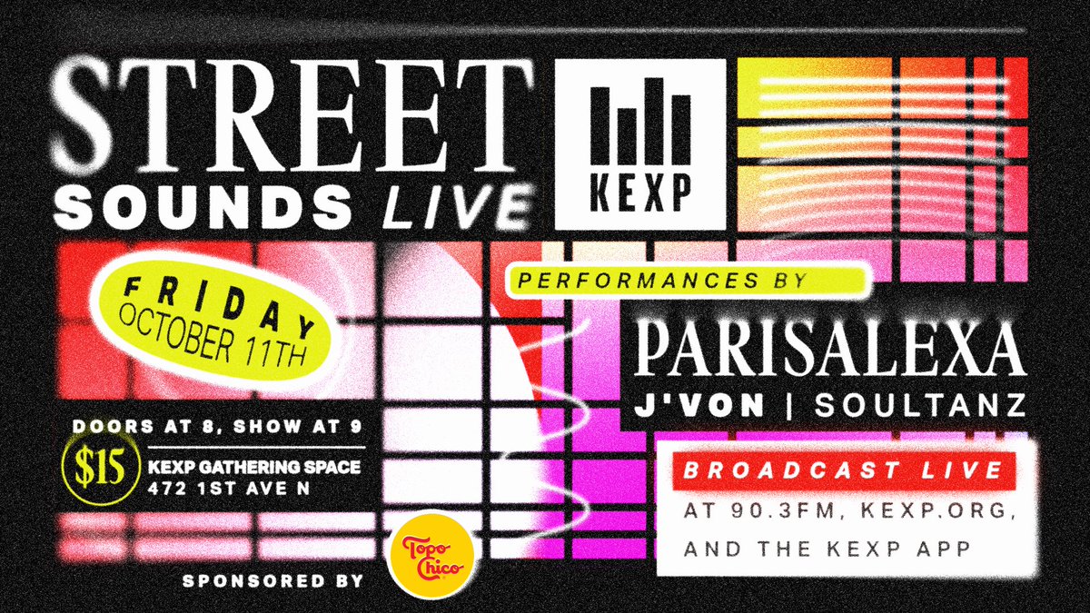 Join us for Street Sounds Live on Friday, Oct. 11! Live performances from <a href="/parisalexamusic/">PARIS ALEXA</a>, @itsjvon, and <a href="/soultanzmusic/">Shayhan</a> in the KEXP Gathering Space, hosted by <a href="/StasTHEEBoss/">STASIA</a> and DJ Mike Ramos. Tickets are $15 - all proceeds benefiting KEXP! Buy yours at kexp.org/events.