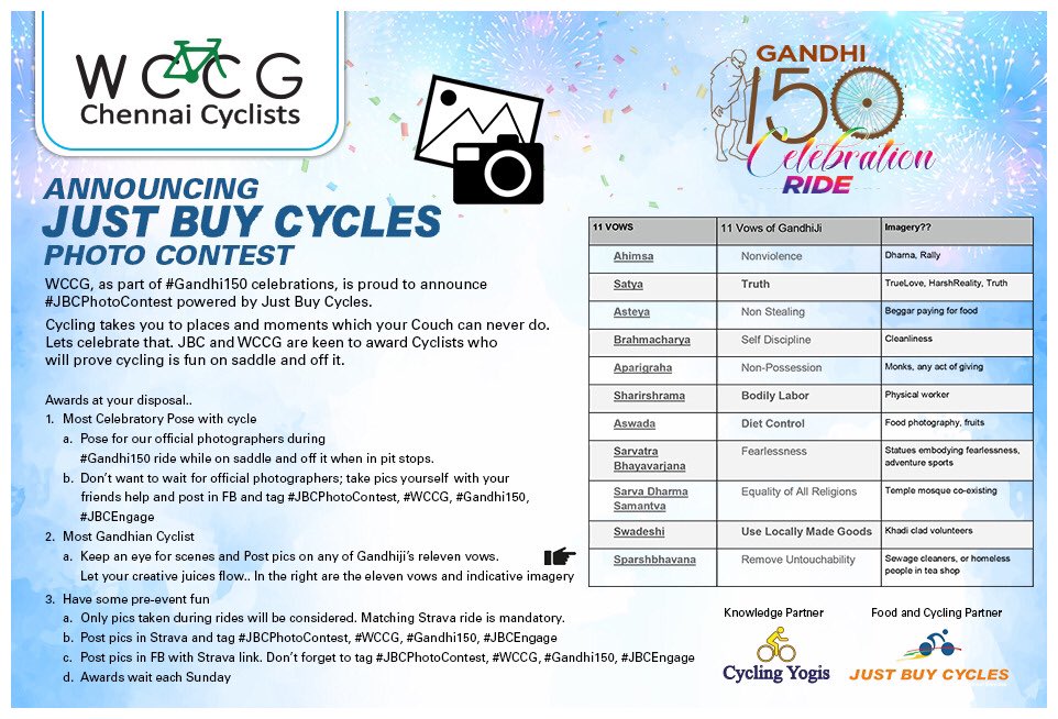 lssundar's tweet photo. Announcing an interesting way to celebrate Cycling and Gandhiji!!
#JBCPhotoContest #Gandhi150 #WCCG #ChennaiCyclists #JustBuyCycles #JBCEngage
@Mahatma150 #GandhiSmriti @PIB_India #MinistryOfCulture @psdsnewdelhi @MinOfCultureGOI @MIB_India https://t.co/o4zfAeglLi
