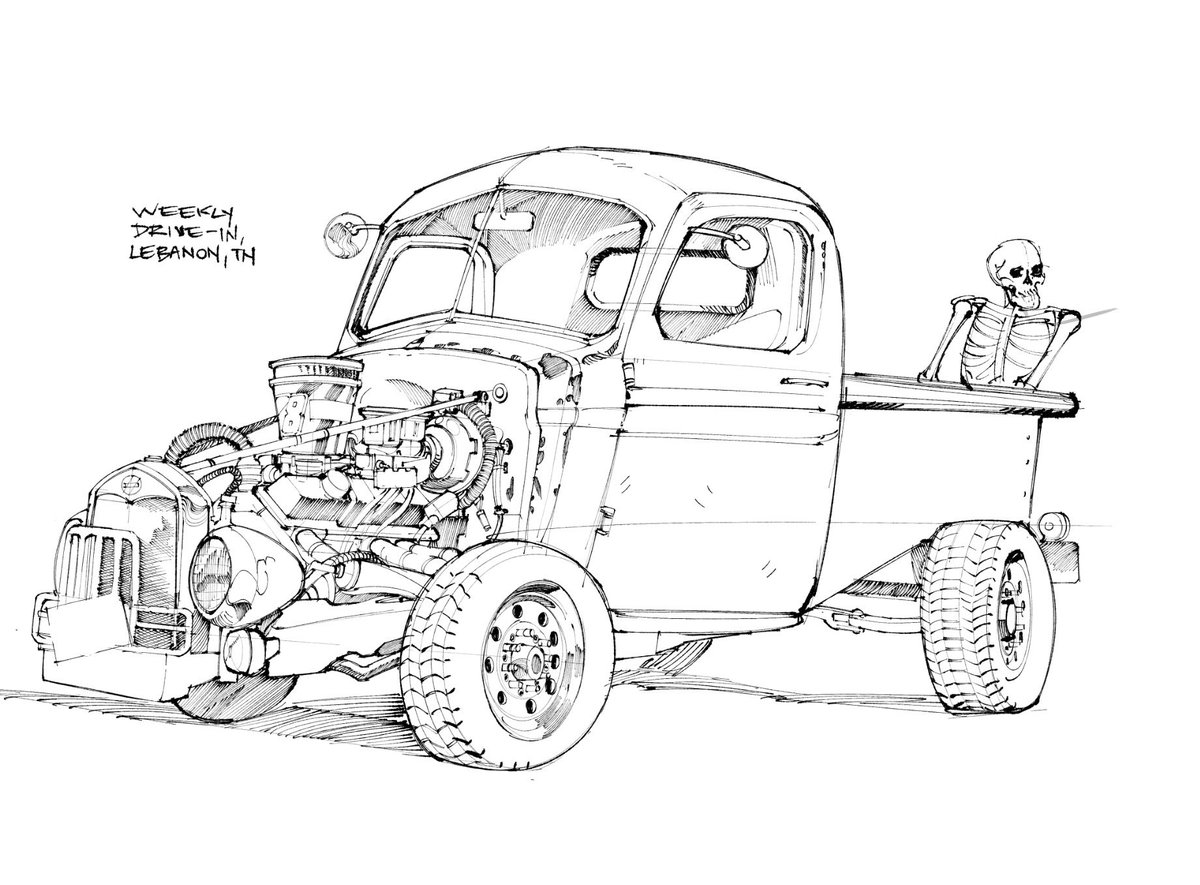 sketch I did of a rat rod a few weeks ago at one of the cruise-ins nearby. the skeleton was put there by the owner, I didn't add it 