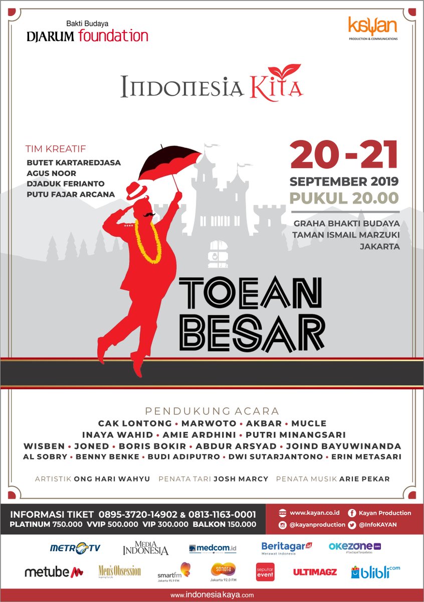Saksikan #pentas #ToeanBesar
Jumat, 20 September 2019 - Pukul 20.00 WIB
Sabtu, 21 September 2019 - Pukul 20.00 WIB
Graha Bhakti Budaya Taman Ismail Marzuki

<a href="/InfoKAYAN/">InfoKAYAN</a> <a href="/agus_noor/">Agus Noor</a> <a href="/masbutet/">butet kartaredjasa</a> <a href="/DjadukFerianto/">djaduk ferianto</a> <a href="/C_lontong/">Cak Lontong</a> @akbar___ @akbar___ <a href="/borisbokir/">Robiskobir</a>

#KayanProduction #ToeanBesar