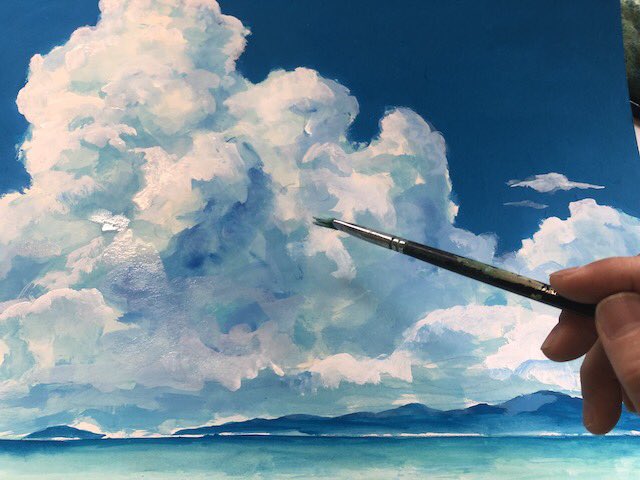 未使用 絵画 油絵 原画 雲 入道雲 飛行機雲 空 青空 夏 夏空 SO
