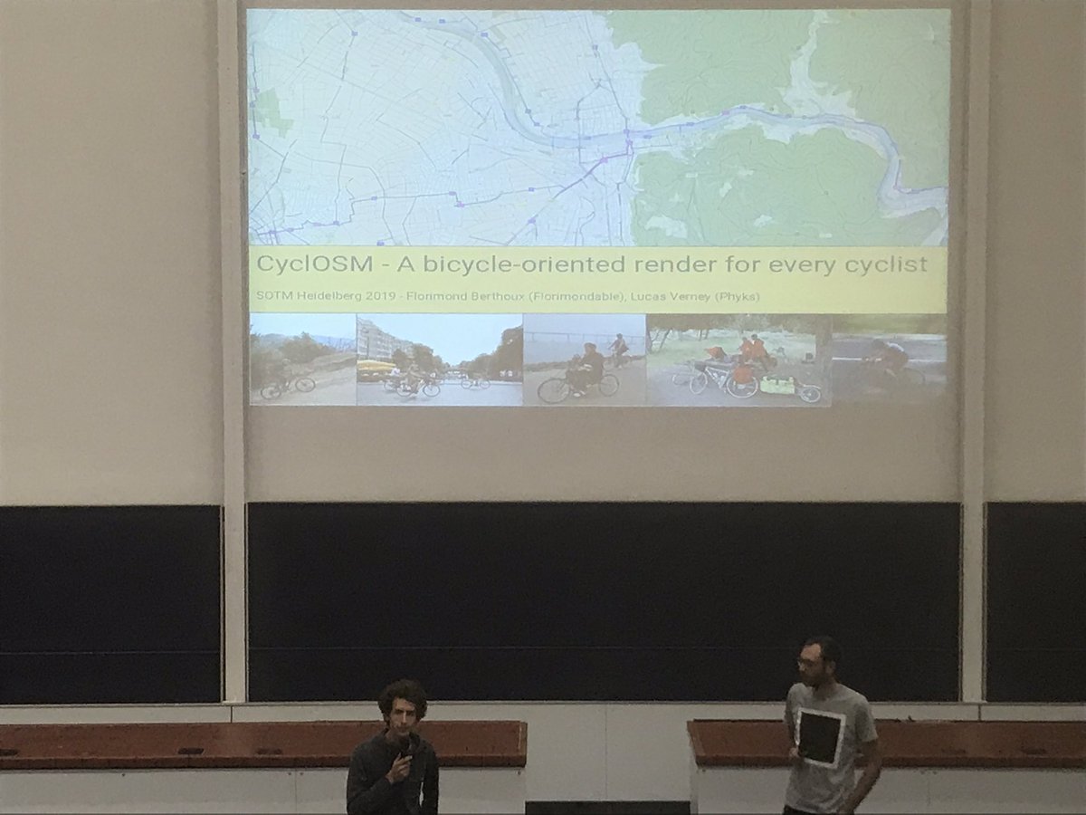 bbilloud's tweet image. LT #SotM2019 @LucasVerney and Florimond Berthoux talking about #CyclOSM project 🚲🗺 #OSM #map #bicycle #Paris