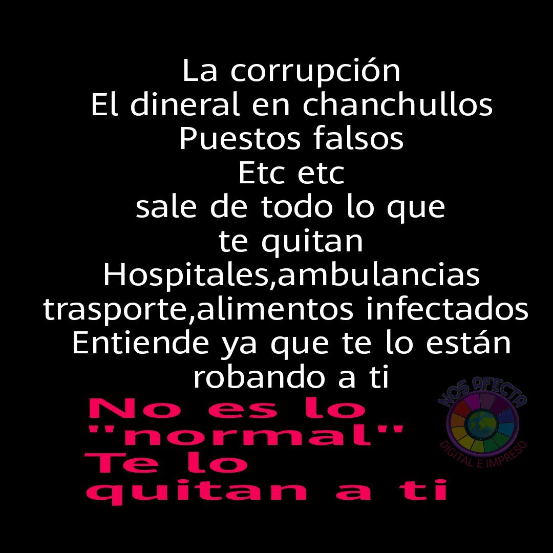 VVGNoEstasSola's tweet photo. La indiferencia,la creencia de que la corrupción no nos afecta o es algo "muy nuestro" o eso de "Yo soy apolíitic@ y no me meto en nada"permiten que estén arrasando con lo que te corresponde,con el futuro y jueguen con tu vida y la de tod@s #NosAfecta #TeIncumbe #equipolisteria https://t.co/9w7K8bcr4s
