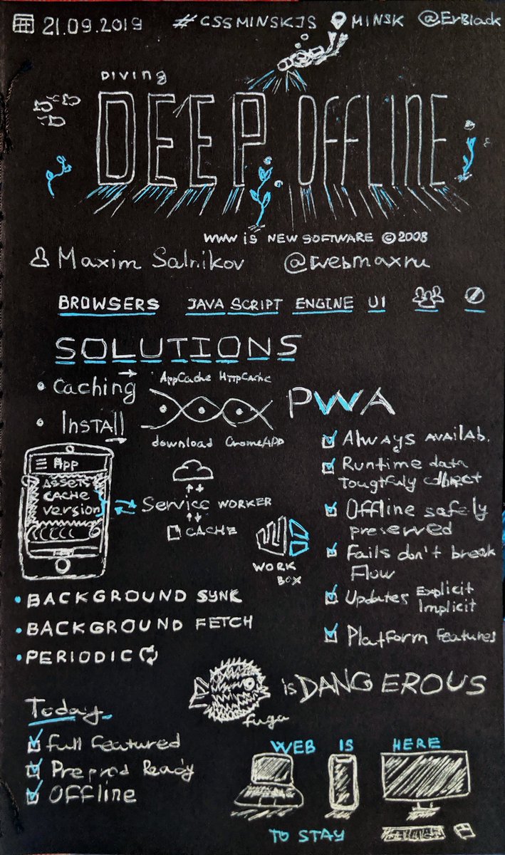 ErBlack's tweet image. A #sketchnotes for @webmaxru's talk "Diving deep, deep offline — the web can do it" at #CSSMinskJS