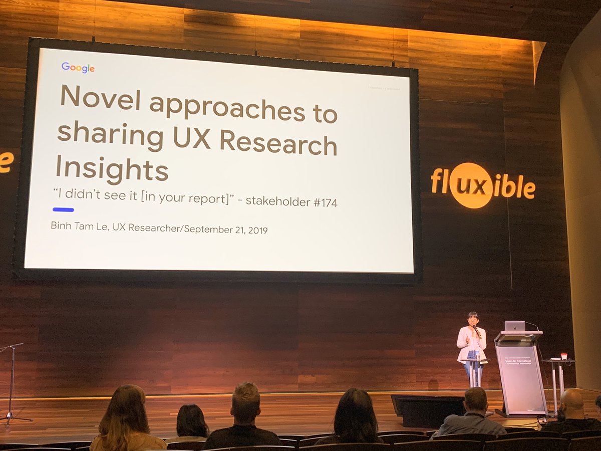 chrisruffell's tweet photo. Novel (clever!) ways to share UX Research presented by @Binhtamle from @google @GoogleStadia #uxresearch #uxROI #uxartifacts #uxinsights #fluxible2019 #uxconference https://t.co/9XAgxbXstP
