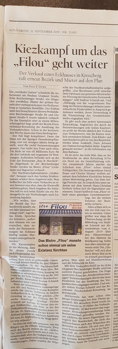 Heute im Immobilienteil des <a href="/Tagesspiegel/">Tagesspiegel</a>: Kiezkampf um das "Filou" geht weiter. 

Wir fordern: Vorkaufsrecht nutzen um Wohnraum zu schaffen. Die 12 Ferienwohnungen sollen von einem sozialen Träger genutzt werden.

<a href="/f_schmidt_BB/">Florian Schmidt</a> @gewobag <a href="/ParitaetBerlin/">Paritätischer Berlin</a> 

#Vorkauf #Gemeinwohl