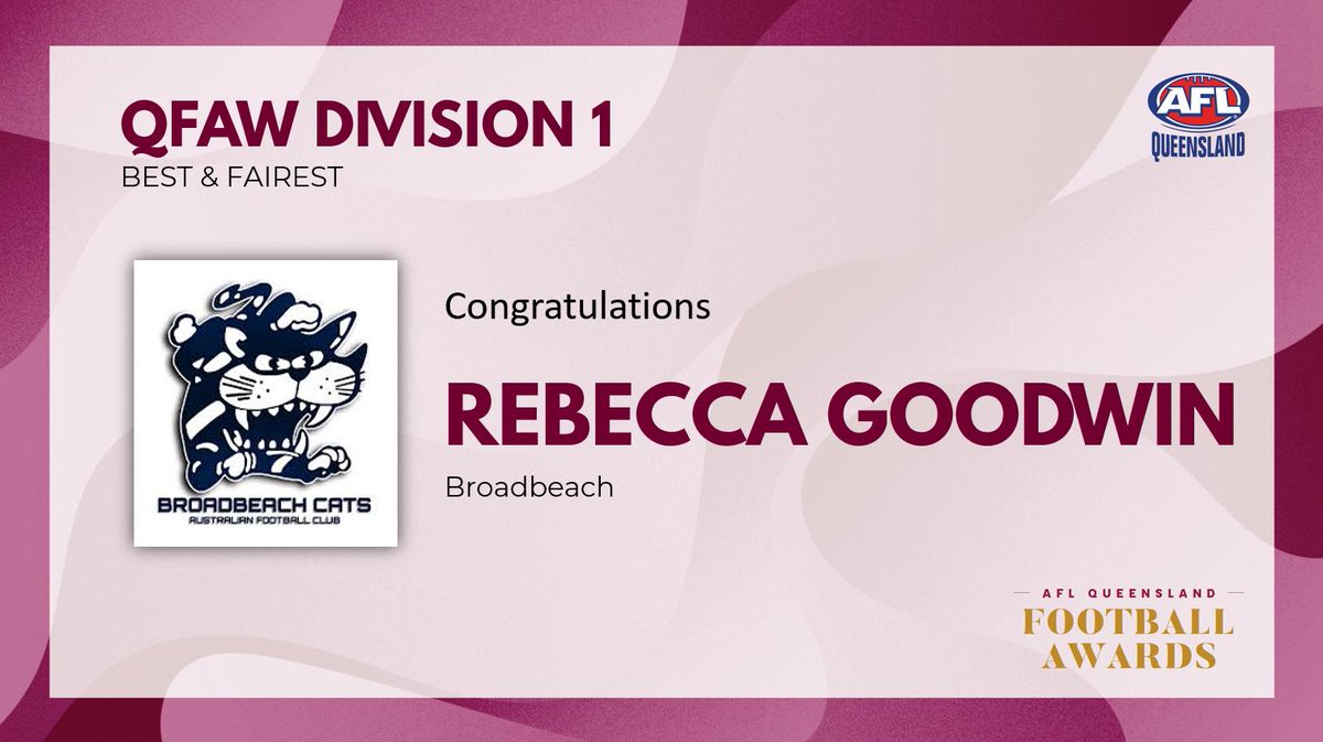 AFLQfooty's tweet photo. Introducing your 2019 QFAW Division 1 Best and Fairest Winner... Rebecca Goodwin of @BroadbeachFC! https://t.co/h8BTWX4z9A