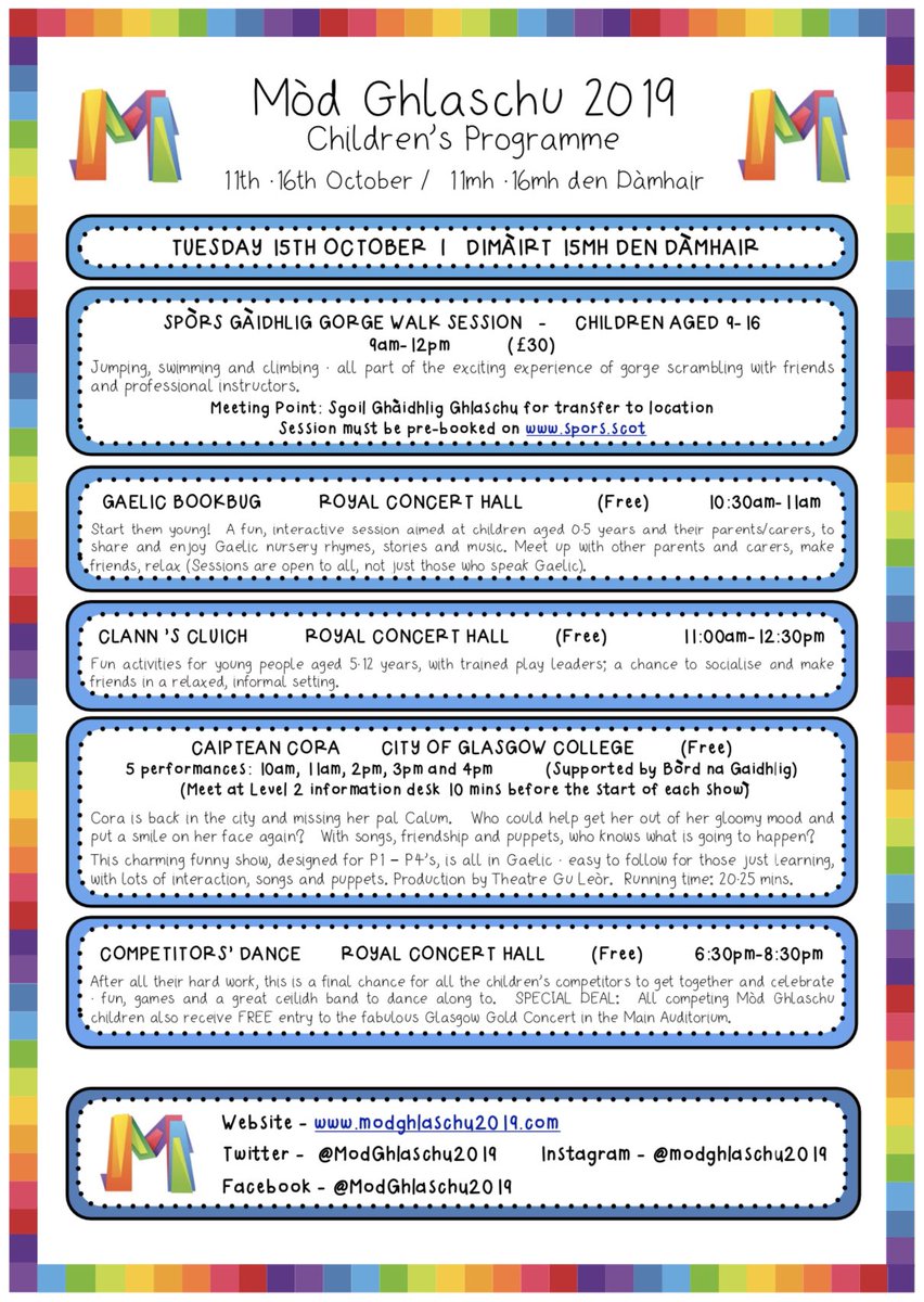SGGBun's tweet photo. Chan eil fada ri dhol gu @ModGhlaschu2019. Gu leòr a’ dol tron seachdain ann an Glaschu. Thigibh ann! Loads of cracking events for families and children during Mòd week - 11th to 16th of October. Please join us at Mòd Ghlaschu! 🥳 #modghlaschu #airbhioran https://t.co/ww6M3EVZE3