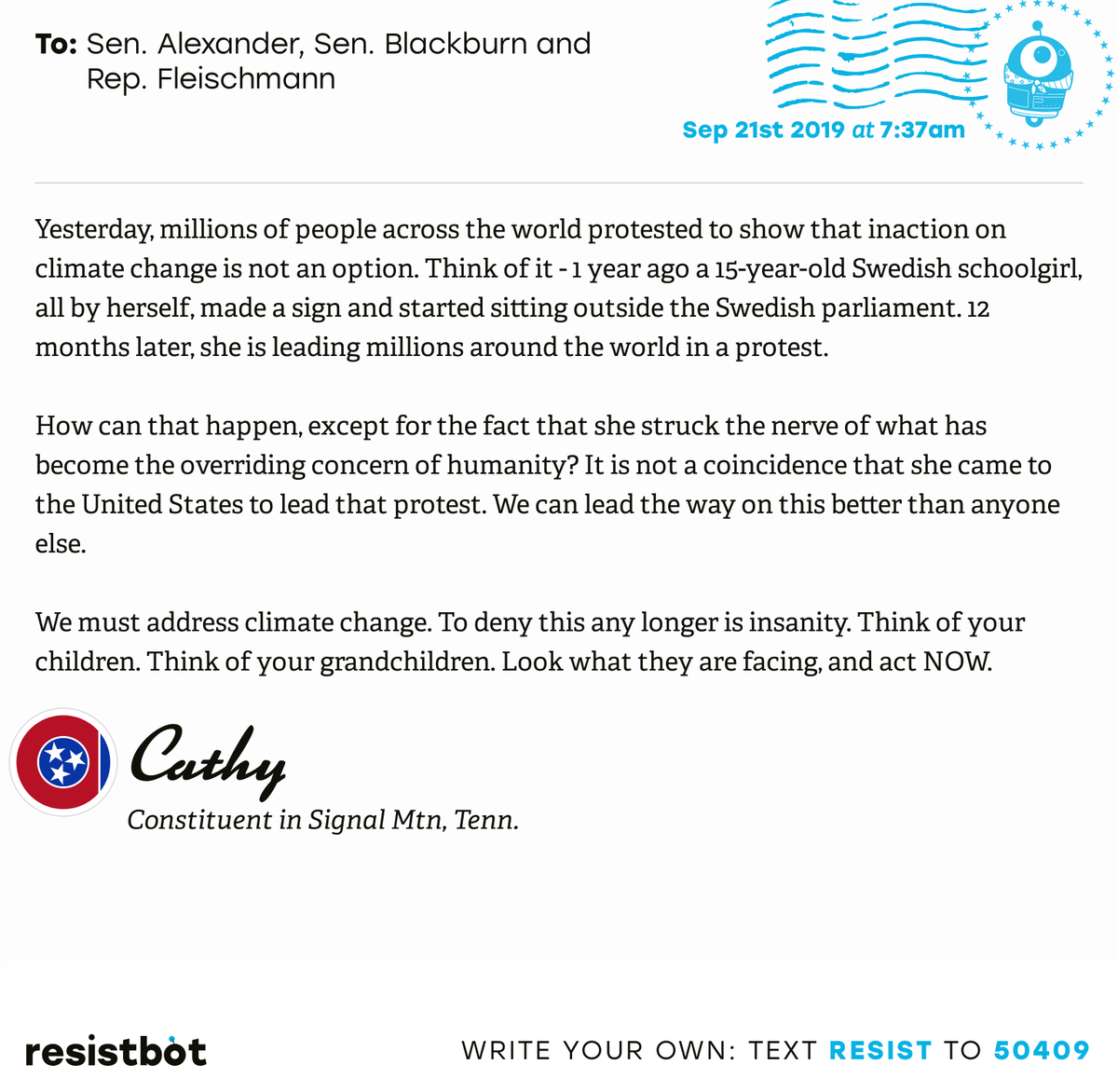 openletterbot's tweet photo. I just delivered this letter from Cathy in Signal Mtn, Tenn. to @SenAlexander, @MarshaBlackburn and @RepChuck #TNpols #TNpolitics #Resistbot https://t.co/3FMxVU8BgA