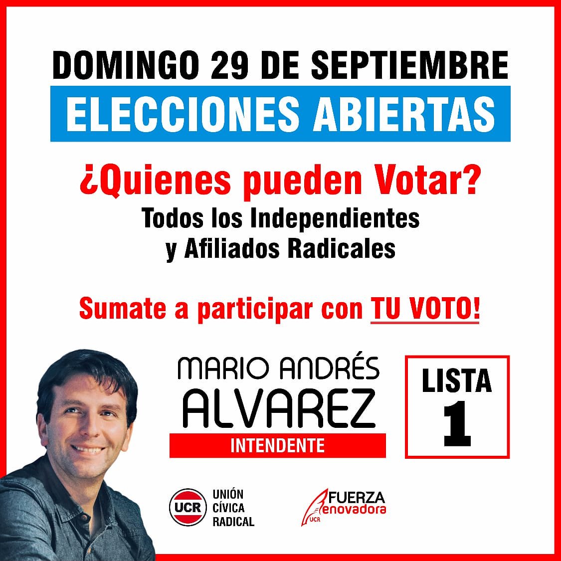 UnNuevoTiempo3's tweet photo. ➡ El próximo Domingo 29 de Septiembre comencemos a caminar Juntos #UnNuevoTiempo para #RíoCuarto. 
LISTA: 1 - #FuerzaRenovadora #MarioAlvarezIntendente 
@MarioAlvarezOk 
@sebacatala 
@Florent21723127 https://t.co/vvSs365O30