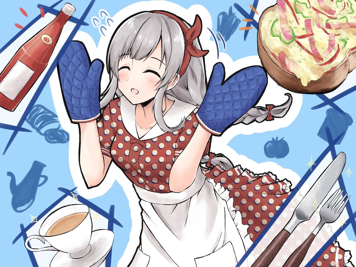 yukoku kiriko 1girl food solo cup closed eyes apron grey hair  illustration images