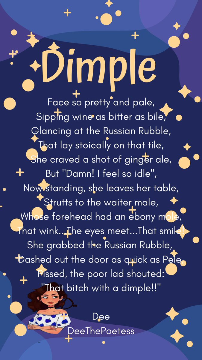 PoetessDee's tweet image. Dimple poem modified
#globalagepoetry #silverleafpoetry #bleedingsoulpoetry #heartofpoets #thepoetspost #bymepoetry #worldofpoets #penguinpoetrynyc #bymepoetry #madewords #omypoetry #bookofpoets #adobeofpoets #poets_community #pentupthoughts #write_o_mania #enrapturedpoetry