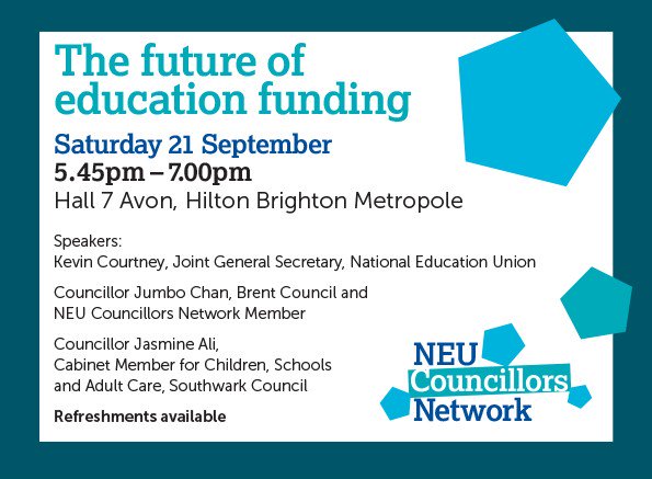 NEUnion's tweet photo. 📢 Today @ #Lab19: @neucllrs fringe on the future of education funding.
We asked for £12.6bn for schools, but the Government has pledged £9bn. Not every school will see a real-terms rise: this is unacceptable. Come and have your say.
#SchoolCuts #EmptyPromiseBoris #neucllrs https://t.co/PwmmvcIvRO