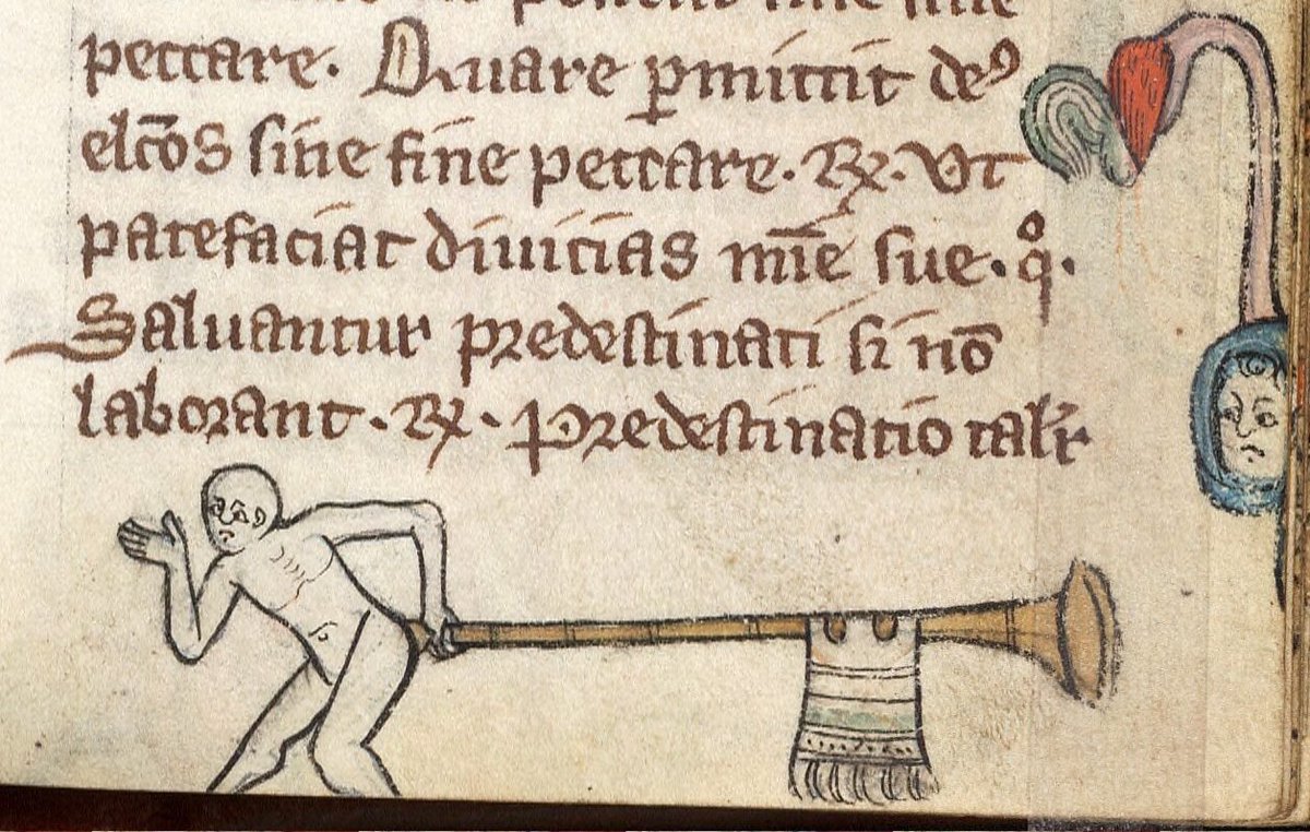 Some butts toot a tune. (Beinecke Rare Book and Manuscript Library, MS 404, fol. 134r; Boulogne-sur-Mer, Bibliothèque municipale, MS 131, f. 202; BL, MS Stowe 17, f. 153v" "Baltimore, The Walters Art Museum, W.88, f. 157r) #MedievalTwitter