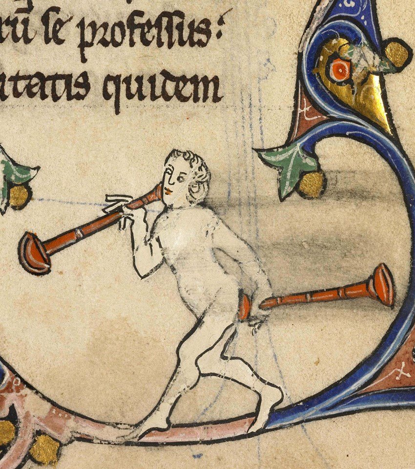 Some butts toot a tune. (Beinecke Rare Book and Manuscript Library, MS 404, fol. 134r; Boulogne-sur-Mer, Bibliothèque municipale, MS 131, f. 202; BL, MS Stowe 17, f. 153v" "Baltimore, The Walters Art Museum, W.88, f. 157r) #MedievalTwitter