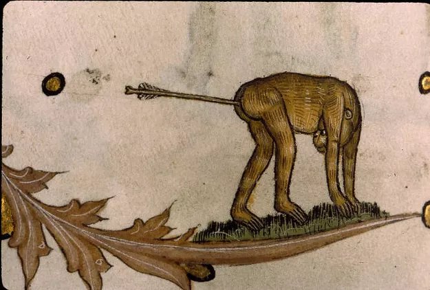 Some butts get shot(Bibliothèque Mazarine, MS 520; BL, MS Add. 62925) #MedievalTwitter