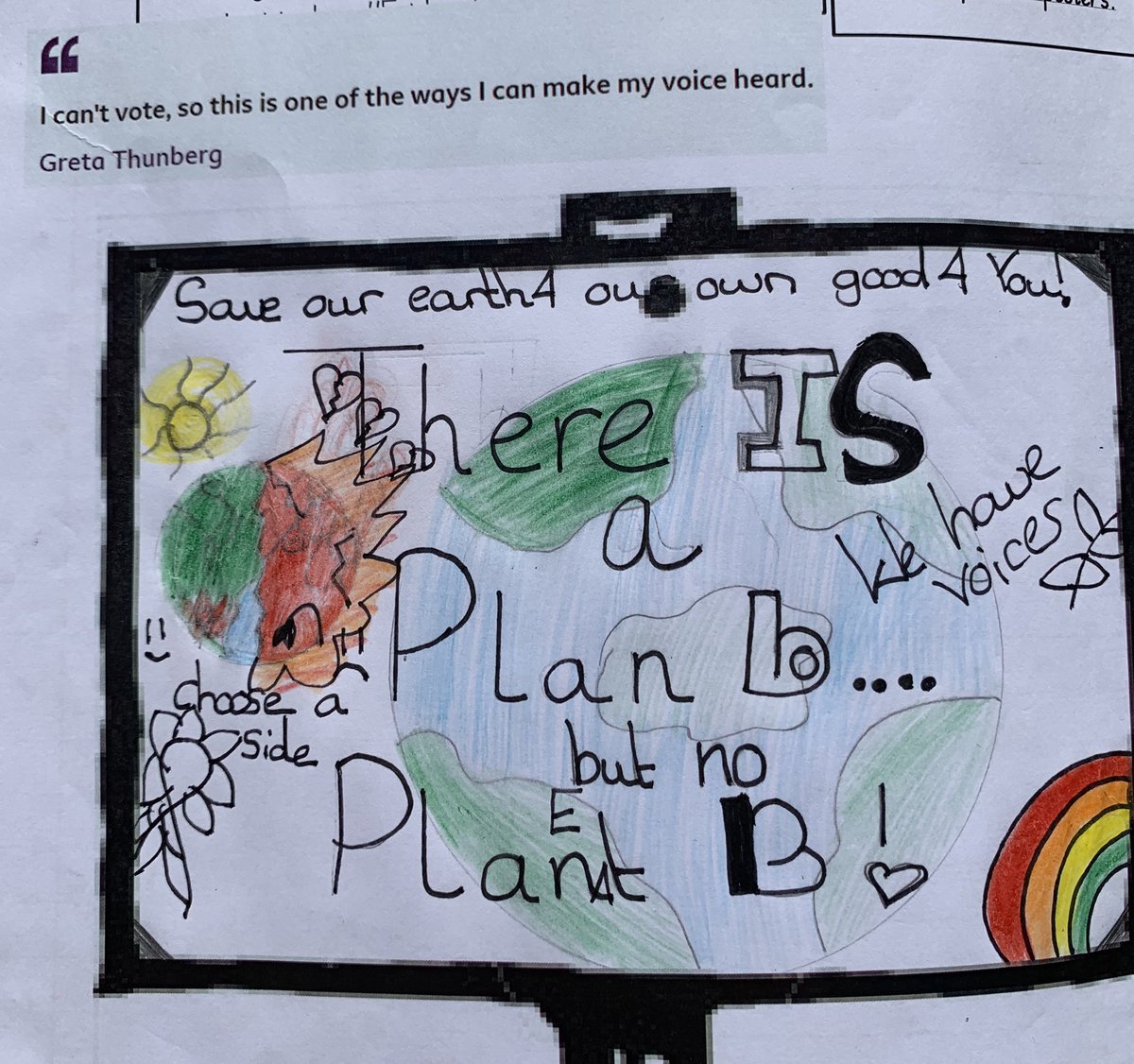 Y5Parkdale's tweet photo. Yesterday we learnt about the inspirational @GretaThunberg,  #FridaysForFuture and the #GlobalClimateStrike. Although we couldn’t make the strike, we designed protest posters to reflect on the need for action 🌍 @OakParkdale @parkdalecarlton @TransformTrust https://t.co/Aujji0Edh7