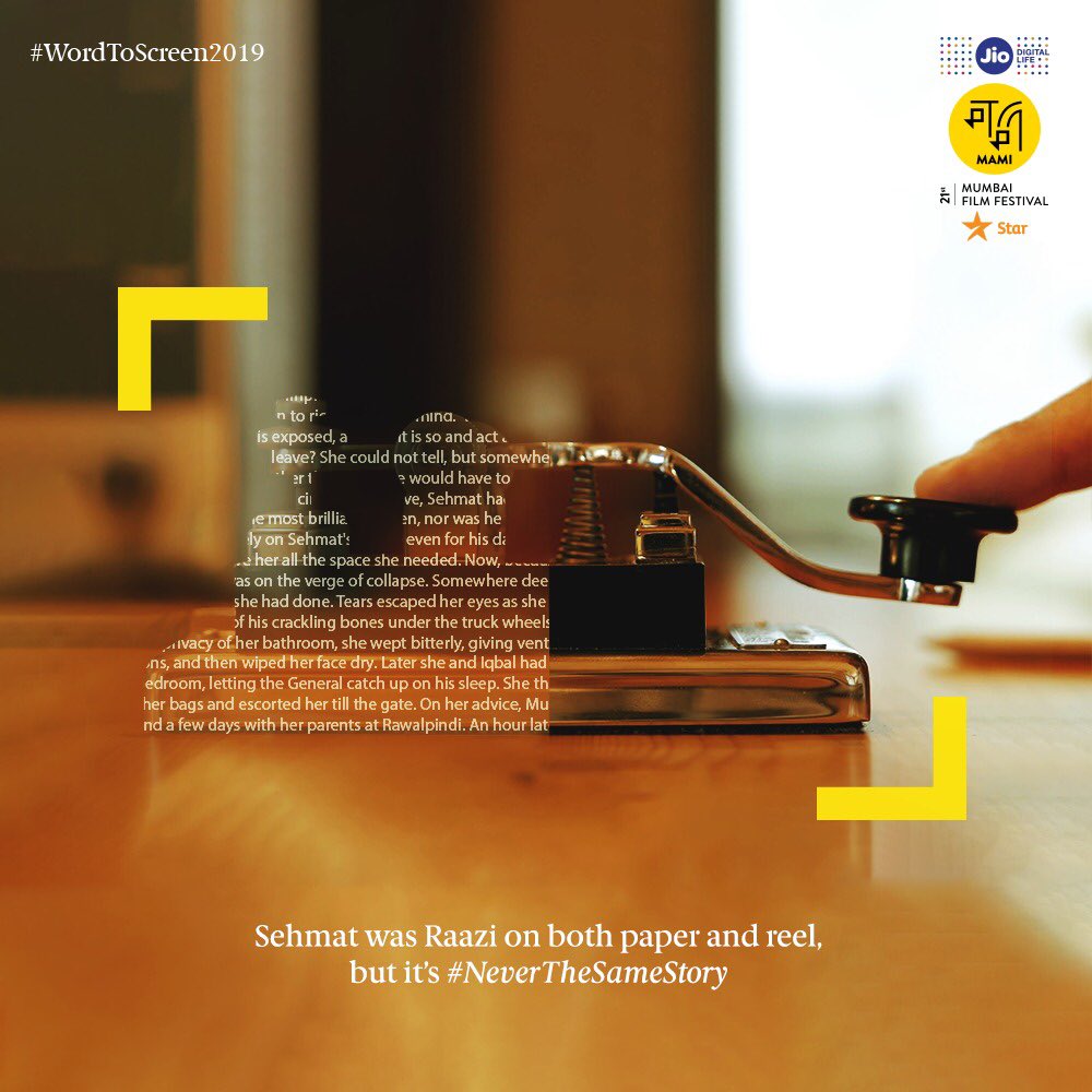 MumbaiFilmFest's tweet photo. With Sehmat struggling to come to terms with the concept of morality and war, Meghna Gulzar’s film ‘Raazi’ shows us a different side to the cold-blooded killer spy in Harinder Sikka’s ‘Calling Sehmat’. Same tales but #NeverTheSameStory. #JioMAMIWithStar2019 #WordToScreen2019 https://t.co/e82HcoGyGu