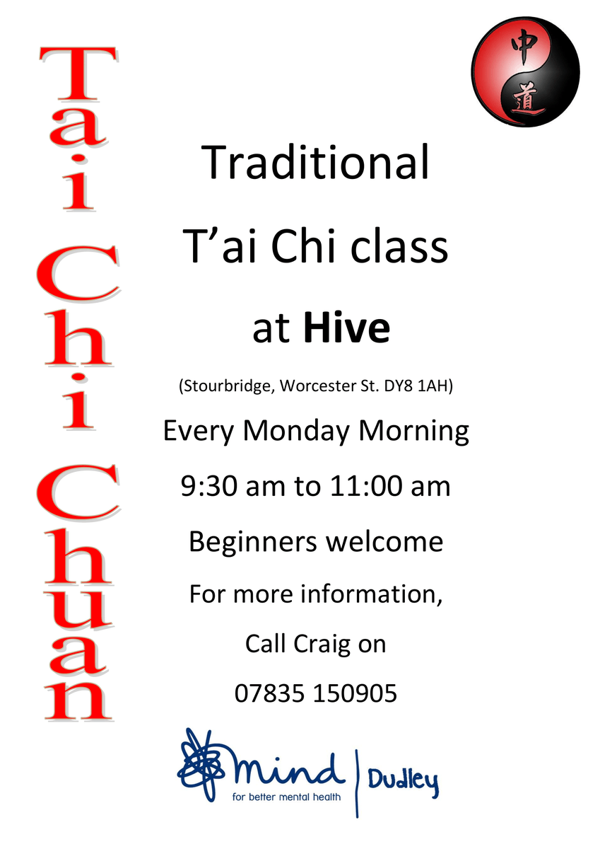 Our free weekly traditional T'ai Chi classes start again this Monday at the Hive in Stourbridge: dudleymind.org.uk/event/weekly-t…