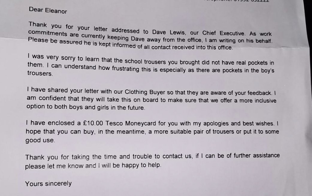 My 9 year old daughter wrote to the CEO of @Tesco about fake pockets in girls’ school trousers and got this 👇 reply. Nice one Tesco.