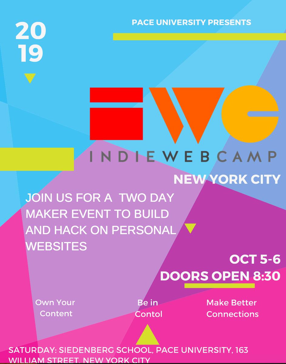 IndieWebCamp New York City 2019 colorful flyer