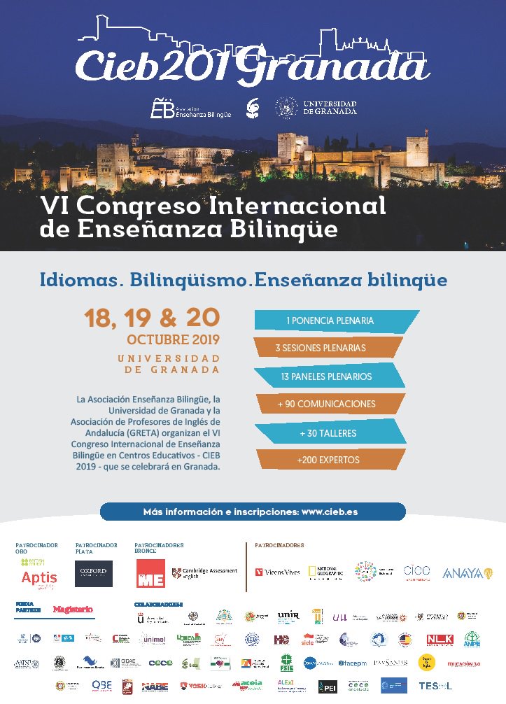 VI Congreso Internacional de Enseñanza Bilingüe
GRANADA 18-20 octubre
Los mayores expertos en <a href="/Ens_bilingue/">Enseñanza Bilingüe</a>  se dan cita en @CIEB2019  
No te lo puedes perder. 
Programa e info: cieb.es
¡¡¡TE ESPERAMOS!!!
<a href="/senoravsantiago/">Sra. Santiago M.Ed.</a> 
@saviosiqueira
<a href="/Mag1971Custodio/">Magdalena Custodio</a>
<a href="/FJ_Sanz_/">Francisco Javier Sanz</a>