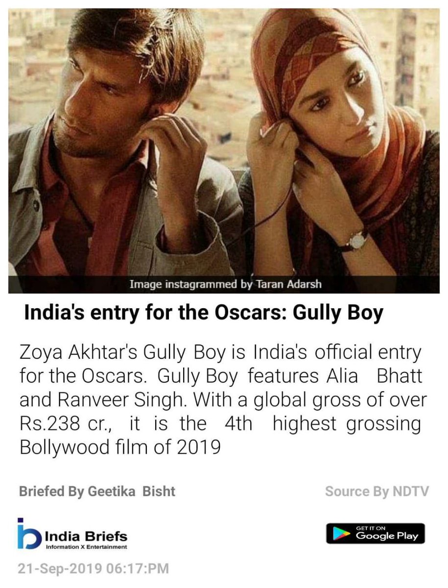 indiabriefs's tweet photo. India's entry for the Oscars: Gully Boy
https://t.co/tUFTFpKN38

For All The Latest Updates Download The App Now 

https://t.co/eSq8BGzxy9 https://t.co/NBiWVINGLP