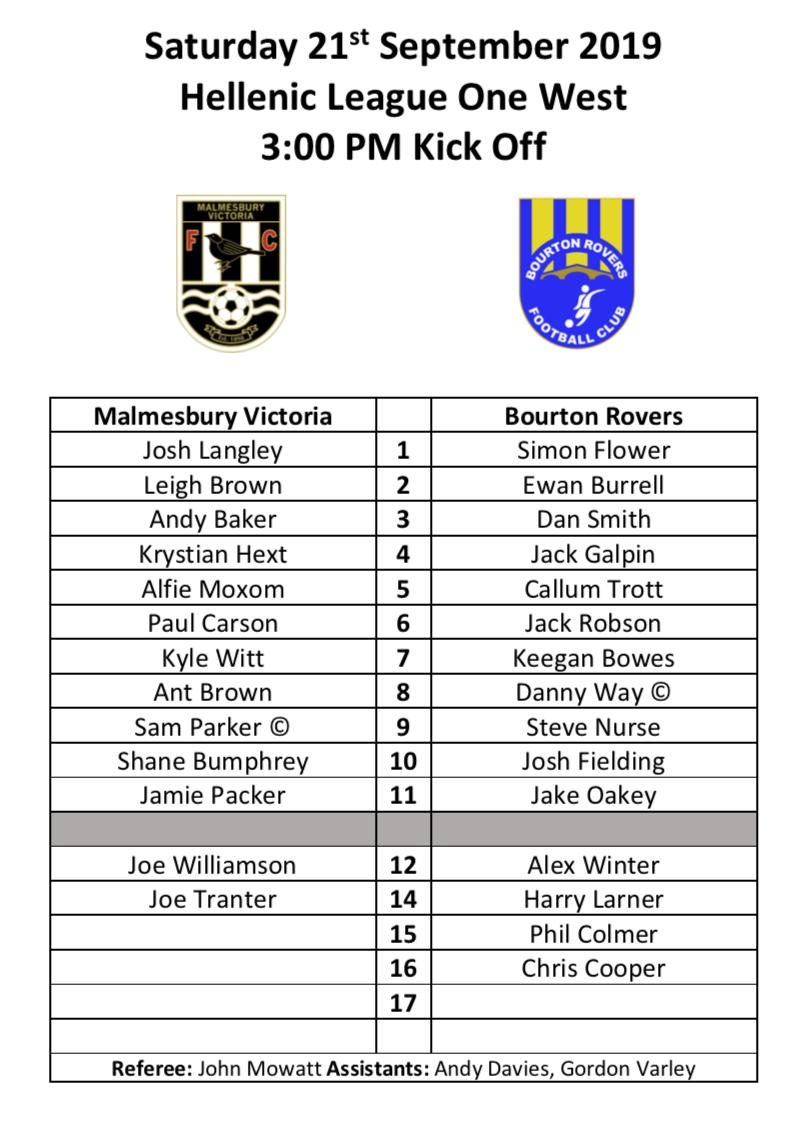 Line ups for todays match <a href="/MalmsVicsFC/">Malmesbury Vics FC</a> v <a href="/BourtonRovers/">Bourton Rovers</a> at the Flying Monk.

COYV