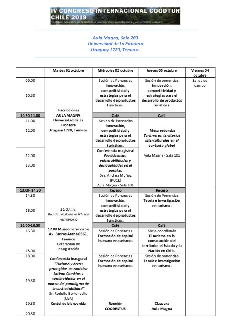 Del 01 al 4 de octubre realizaremos el IV Congreso Internacional de Turismo COODTUR, donde más de 80 expositores de Latinoamérica y Europa nos reuniremos en la Universidad de La frontera para analizar el turismo desde distintas miradas <a href="/coodtur/">COODTUR</a> <a href="/UFrontera/">UFRO</a> <a href="/RED_INTUR/">REDINTUR</a> <a href="/Sernatur_IX/">Araucanía</a>