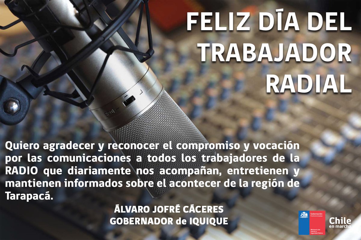 Gobernador <a href="/AlvaroJofre/">Álvaro Jofré</a> quiere saludar en el #DíaDelTrabajadorRadial a quienes diariamente con pasión y compromiso están en cada radio de la región de #Tarapacá.

#ChileEnMarcha 🚀 #Iquique #AltoHospicio