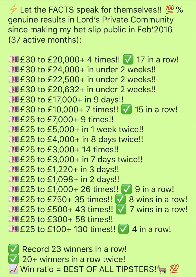 B💣🧨💥💷💷💷💷💣🧨💥M!!!!
✅✅✅✅✅✅✅✅✅✅✅✅✖️

🔥12 of the last 13 tips landed!!
💰£25 > £125 15 times in 7 weeks!!
💷£100+ SMASHED 130x in 37 mnths 

👀 CHECK OUT PINNED COMMENTS! 
⚡️Join us folks! DM THE LORD🐐👇
#inplay #tipster #tips