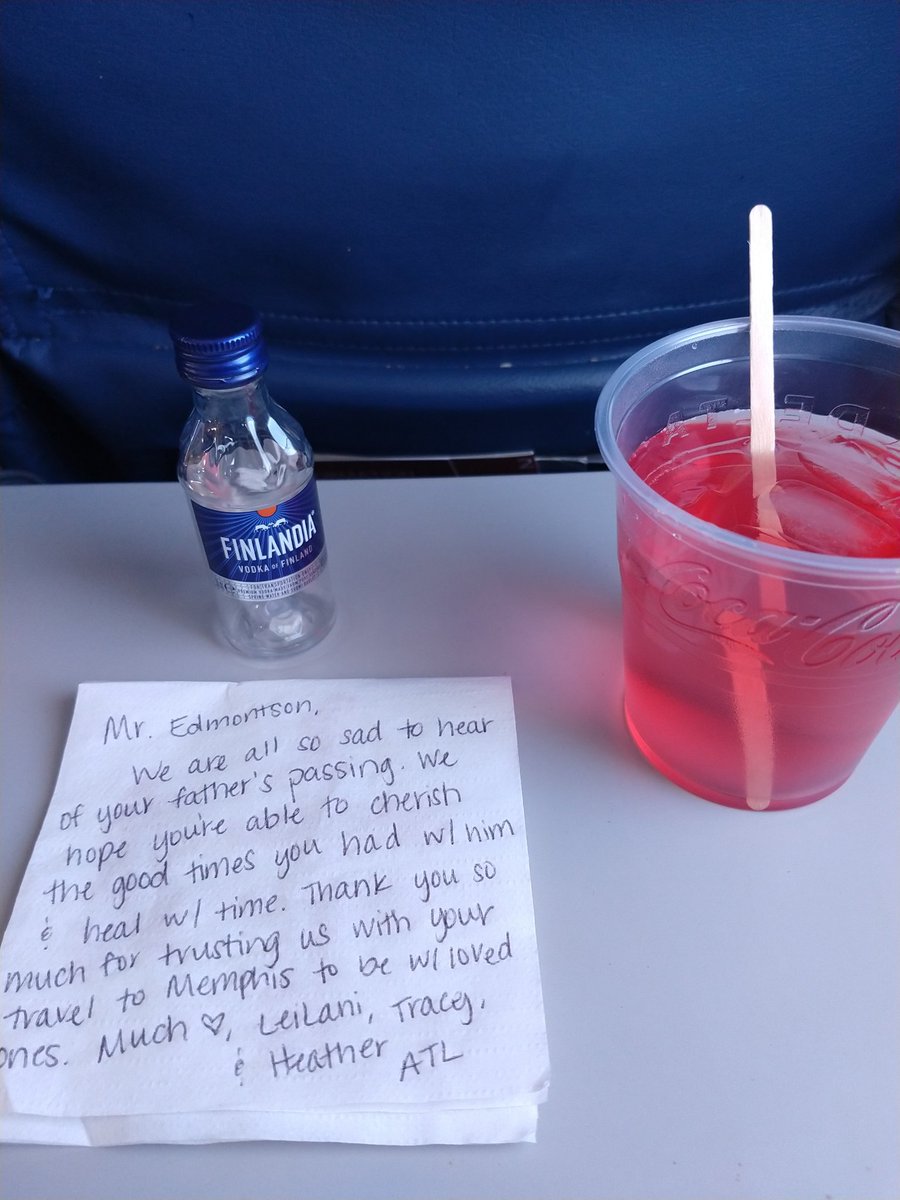 dowd_roberts's tweet photo. To the flight attendants on @Delta airlines flt920 ATL2MEM Thanks4 being the Angels in the sky! I couldn't make the flight to be w my husband 4 his Father's funeral, it was nice to know he had beautiful female energy&๐it meant so much to him in this difficult time #deltaAngels https://t.co/hvcbGzvYxe